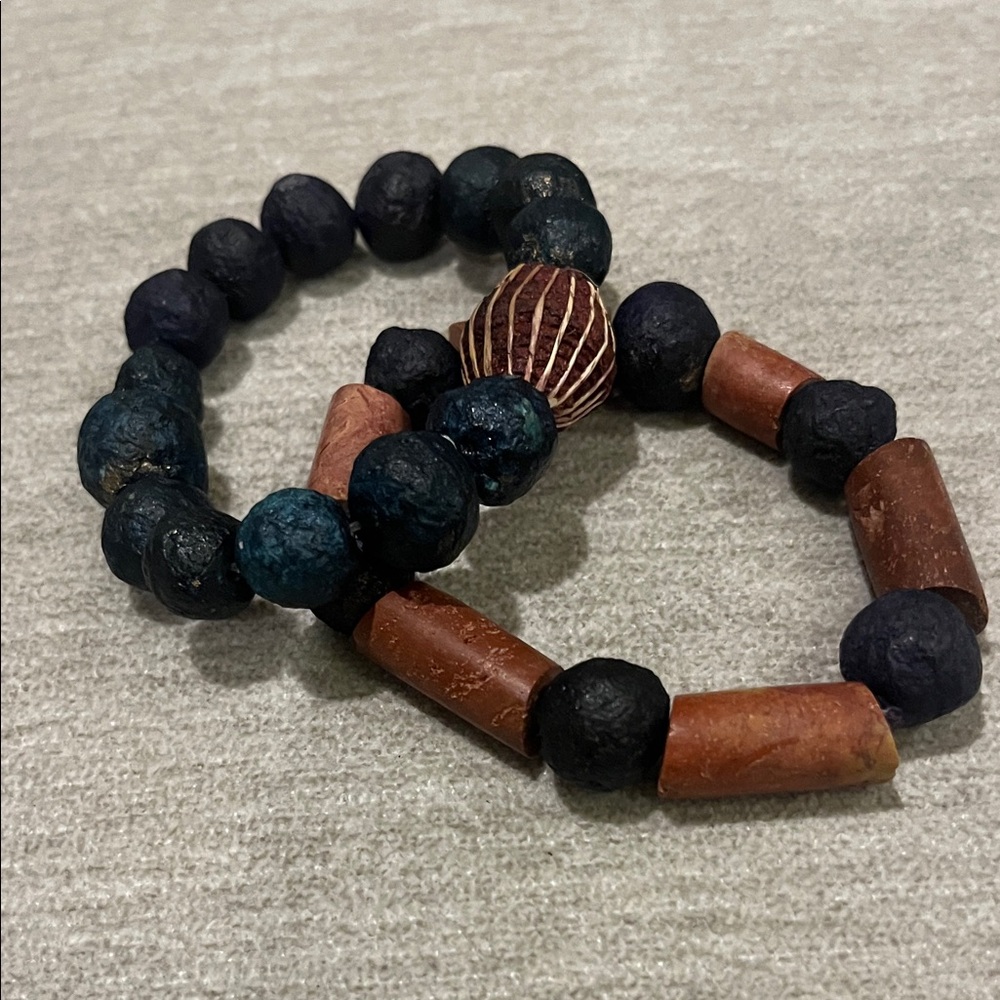 Handmade Beaded Bracelet Set in Blue and Brown Clay beads